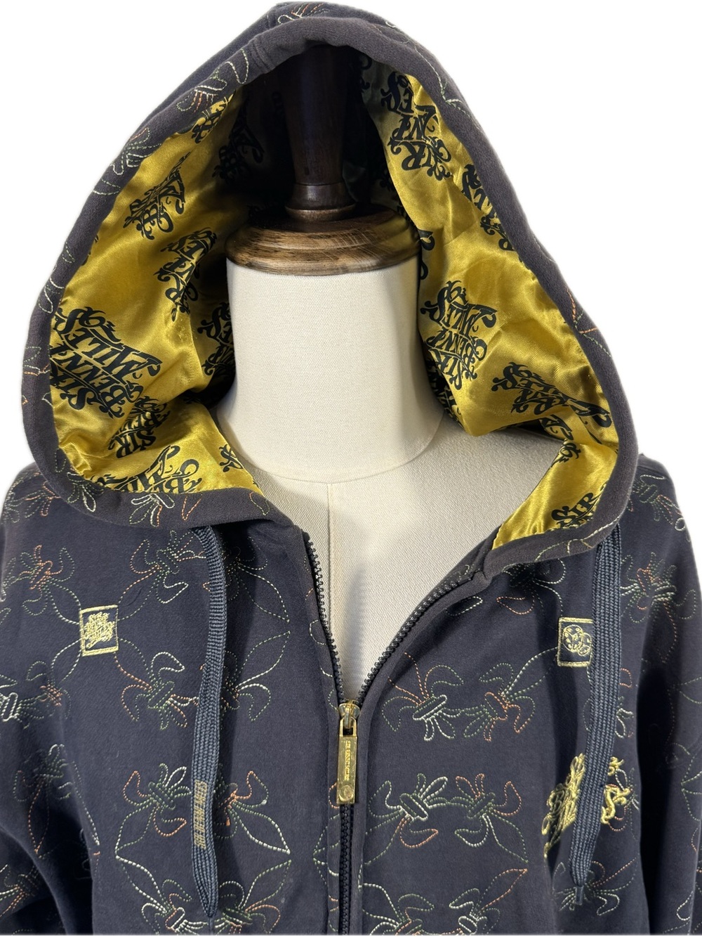 Rare Y2K Sir Benni Miles Embroidered Full Zip Hoodie XL Satin Lined Streetwear